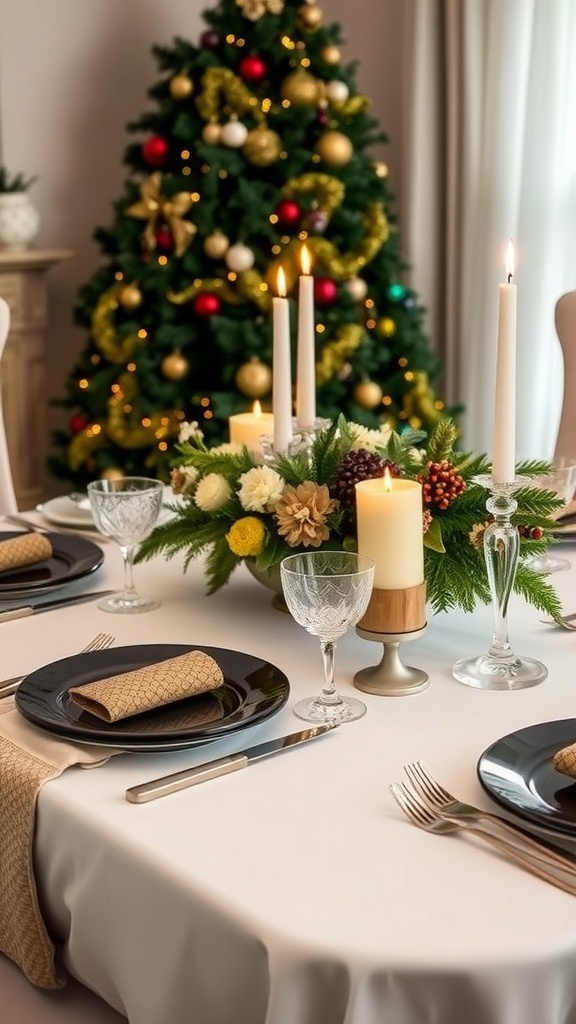 Elegant Christmas Table Settings with Black Plates Elegant Christmas table setting with black plates, white and gold linens, glassware, and a festive centerpiece.
